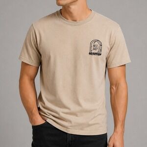 Rest Easy Mens T-Shirt‎ Tan Skeleton No Regrets Graphic Print M